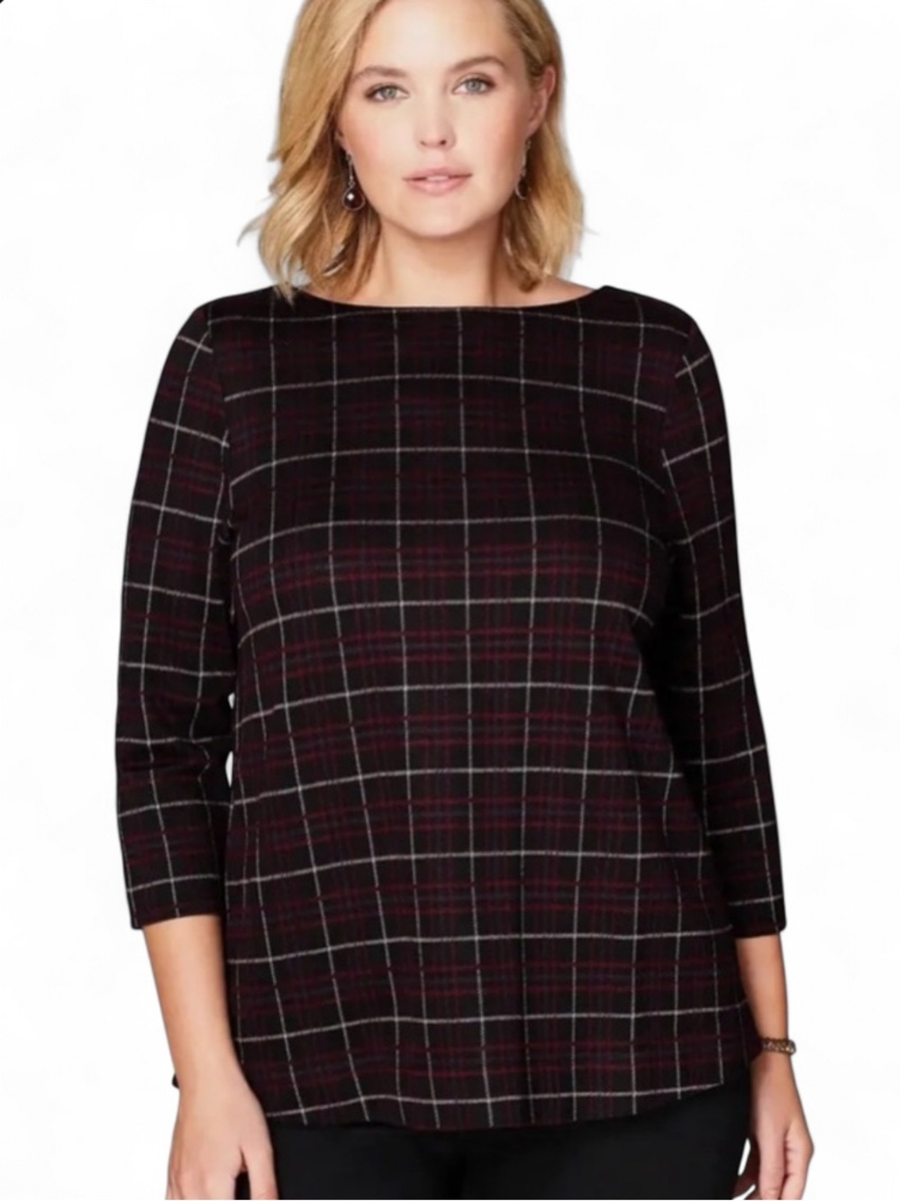 J. Jill Ponte Bordeaux Plaid Top 3/4 Sleeve M Back Button Office Academia Career